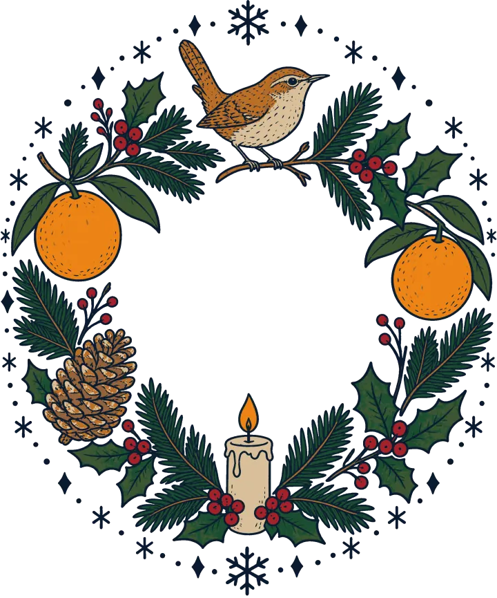 Print artwork: a ring of December things around an empty middle: pine and holly with red berries, two oranges, a pine cone, a lit cream candle and a wren perched on a branch at the top, with a dotted ring of navy stars and snowflakes outside it.