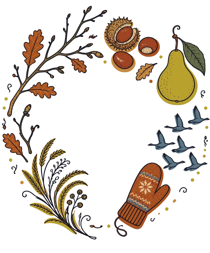 Print artwork: a loose ring of November things around an empty middle: bare branches with the last oak leaves, chestnuts and a spiky husk, a yellow pear, a line of grey-blue geese flying, a patterned orange mitten and dry grass seed heads.