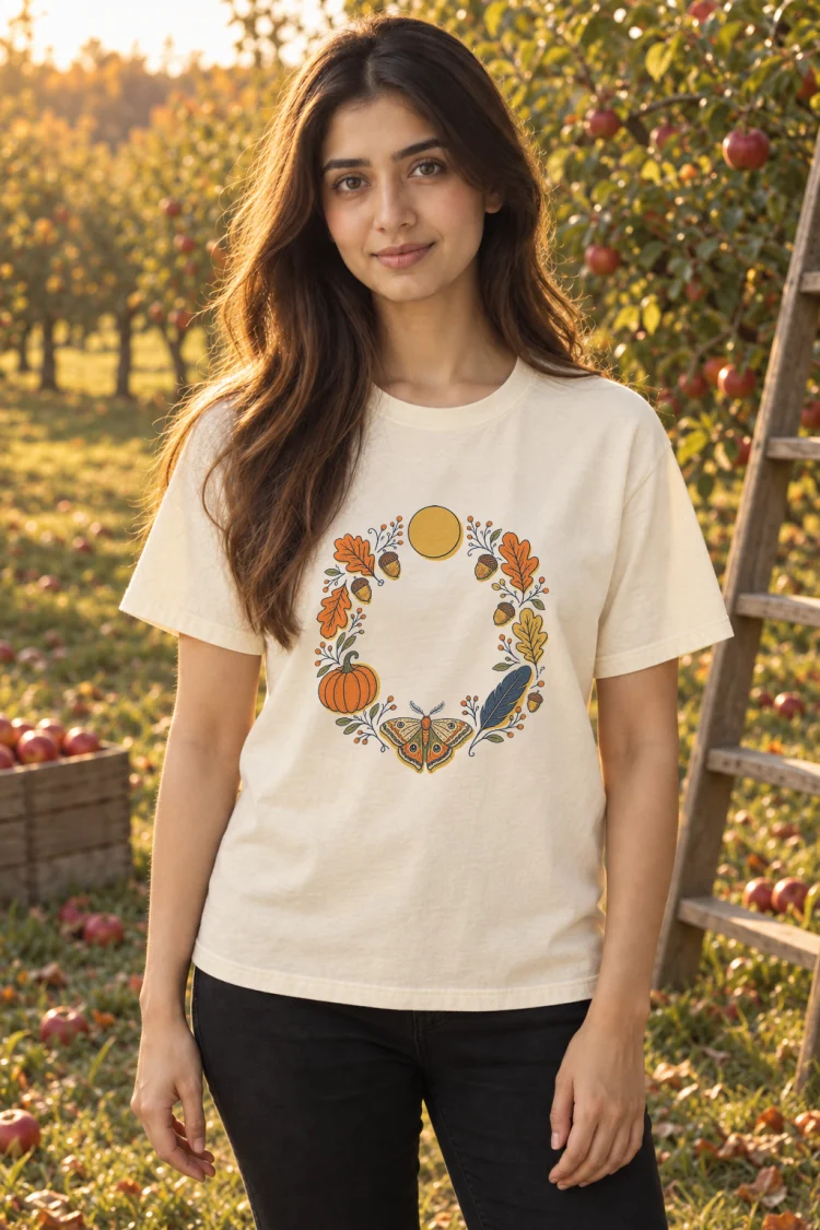 AI-generated image of a fictional model wearing the October Tee in Ivory, size S, at 5′3″ tall.