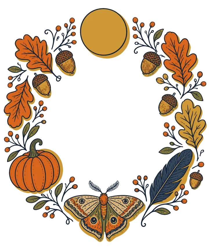 Print artwork: a ring of October things around an empty middle: orange and gold oak leaves, acorns, red berry sprigs, a pumpkin, a navy feather, a moth with eyespots at the bottom and a plain gold full moon at the top.