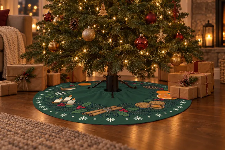 The December Almanac Tree Skirt in Fir green. The room and tree are AI-generated; the skirt is the real print file mapped onto it.