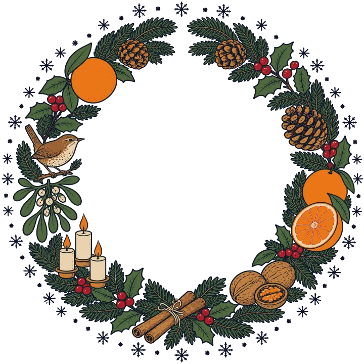 Print artwork: a ring of December things on a deep fir green ground, around a round opening: pine sprigs and holly with red berries, lit white candles, dried orange slices, cinnamon sticks tied with twine, pinecones and small white snowflakes.