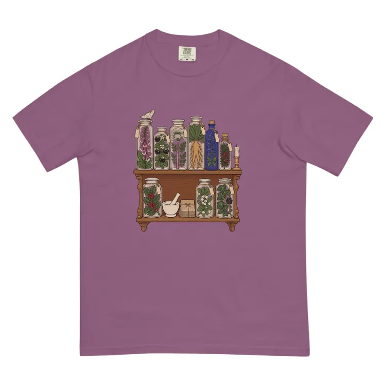 The Witchy Apothecary Shelf Tee in Berry.