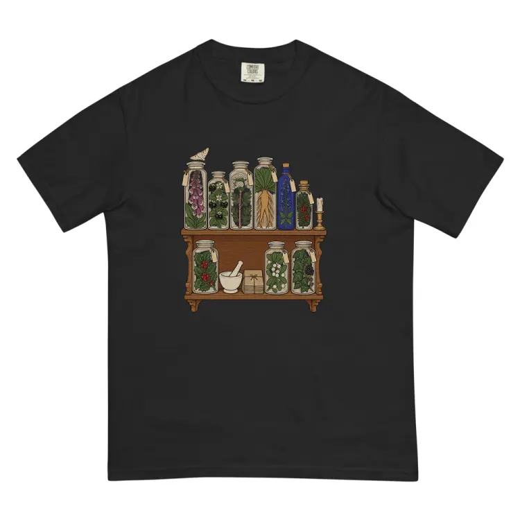 The Witchy Apothecary Shelf Tee in Black.