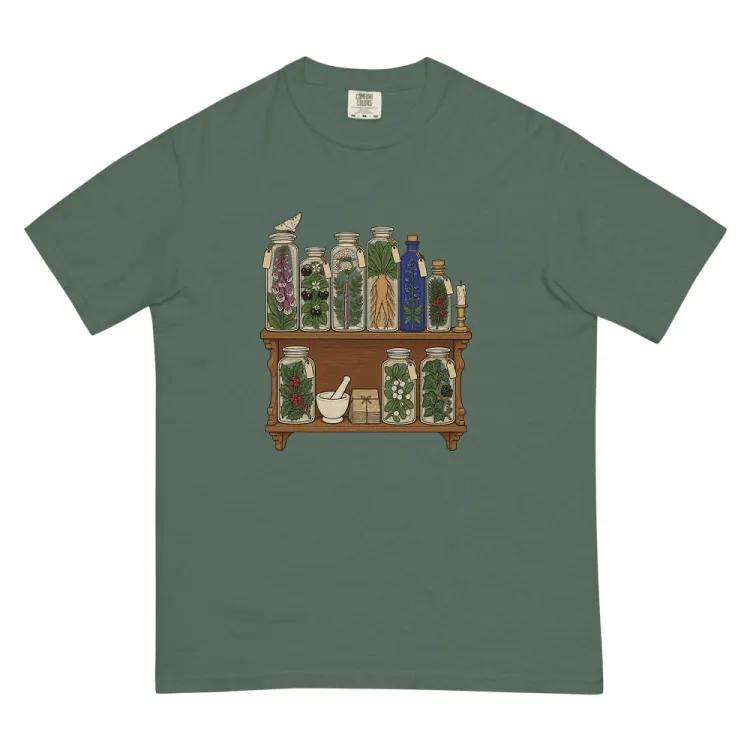 The Witchy Apothecary Shelf Tee in Blue Spruce.