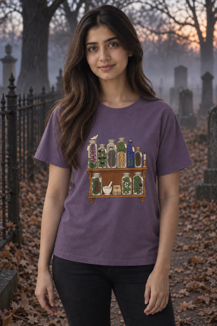 AI-generated image of a fictional model wearing the Witchy Apothecary Shelf Tee in Grape, size S, at 5′3″ tall.