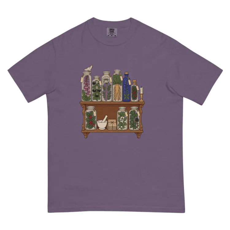 The Witchy Apothecary Shelf Tee in Grape.