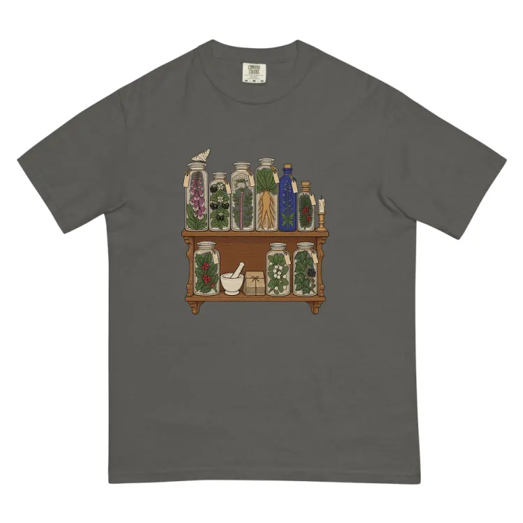 The Witchy Apothecary Shelf Tee in Pepper.