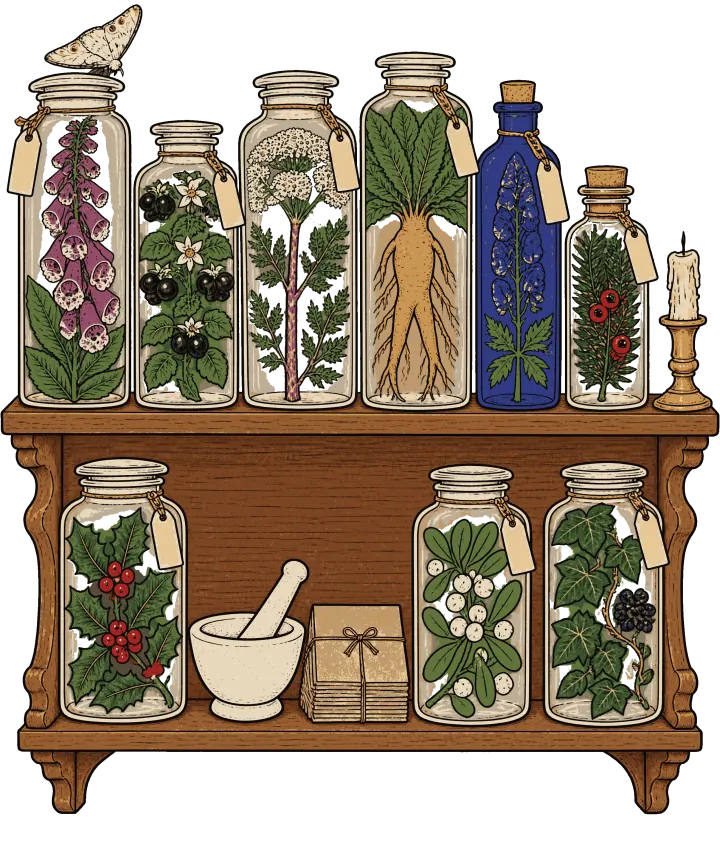 Print artwork: a two-shelf wooden apothecary cabinet full of corked glass jars, each holding one poisonous plant with a blank paper tag tied on with string. The top shelf holds foxglove, nightshade with black berries, hemlock, a forked mandrake root, blue monkshood and a sprig of yew, with a cream moth resting on the tallest lid and a stub of candle at the end. The bottom shelf holds holly, a mortar and pestle, a tied stack of seed packets, mistletoe and English ivy with its dark berries.