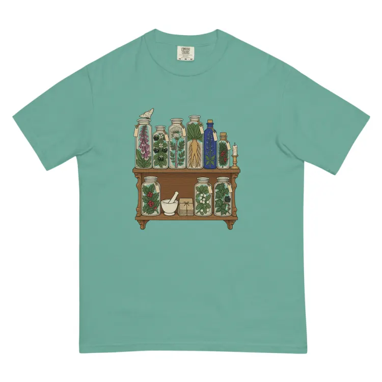 The Witchy Apothecary Shelf Tee in Seafoam.