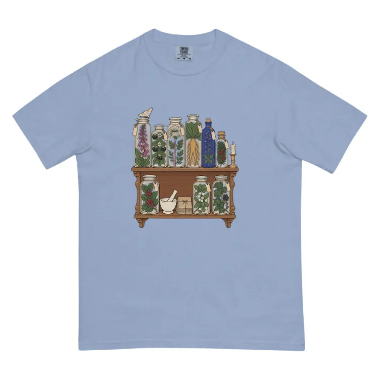 The Witchy Apothecary Shelf Tee in Washed Denim.