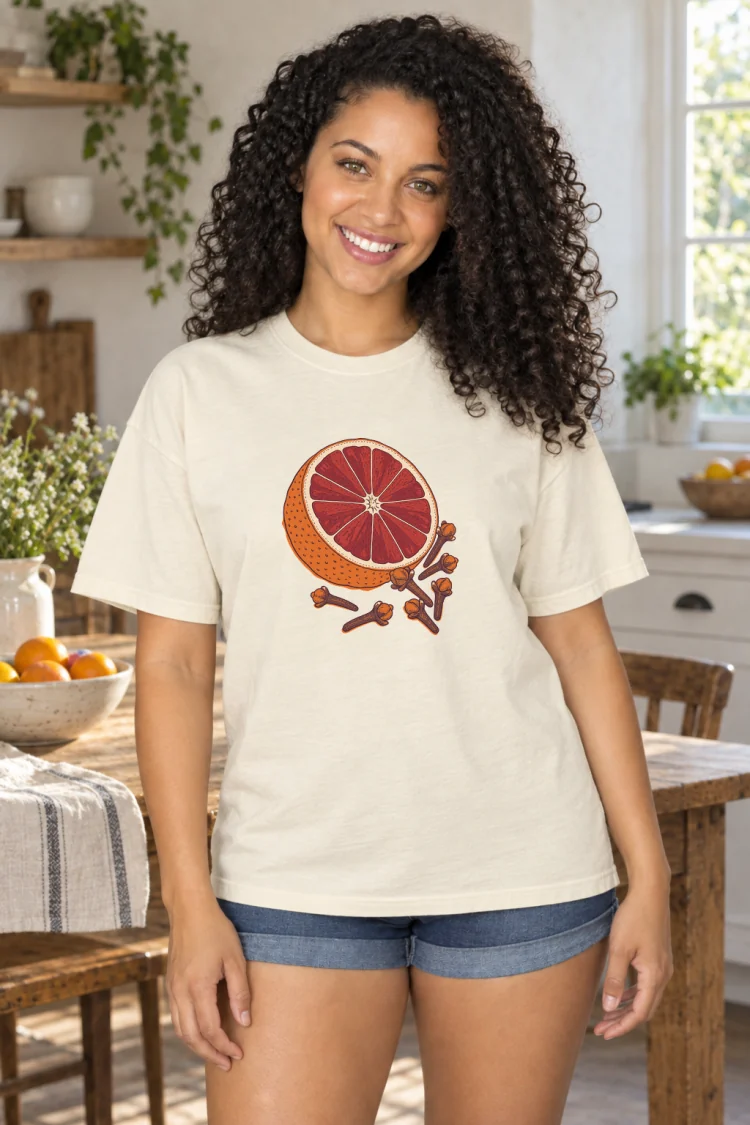 AI-generated image of a fictional model wearing the Blood Orange & Clove Tee in Ivory, size L, at 5′6″ tall.