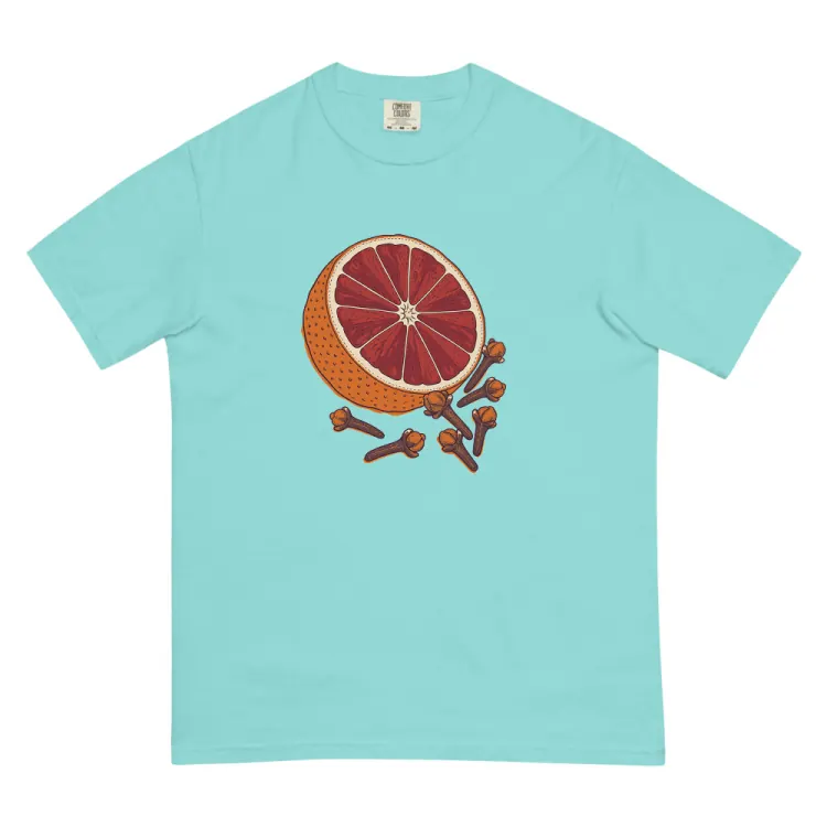 The Blood Orange & Clove Tee in Lagoon Blue.