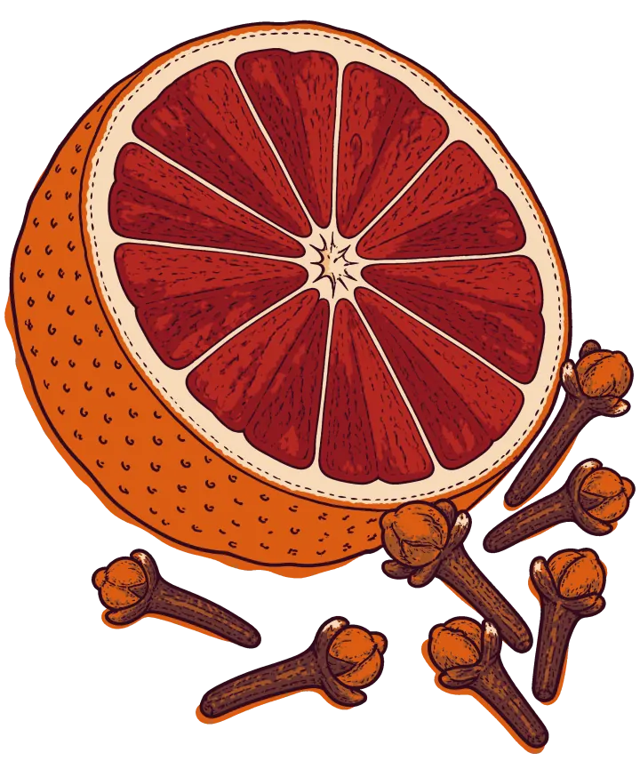 Print artwork: half a blood orange cut open to show deep red segments inside a dotted orange peel, with six whole cloves scattered around its lower edge.
