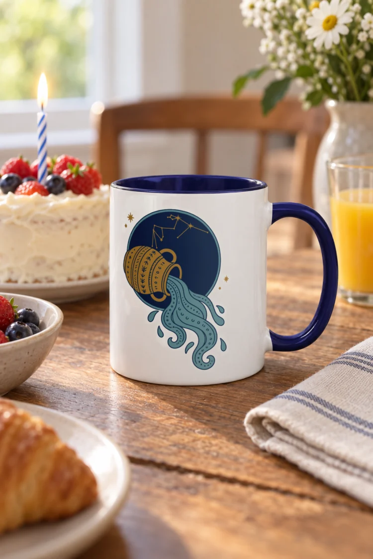AI-generated image of the Born Under Aquarius Mug in Dark Blue inside in a styled setting.