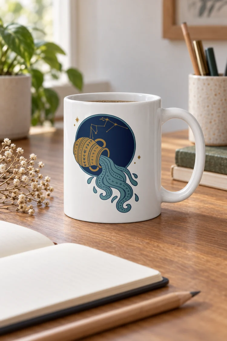 AI-generated image of the Born Under Aquarius Mug in White in a styled setting.