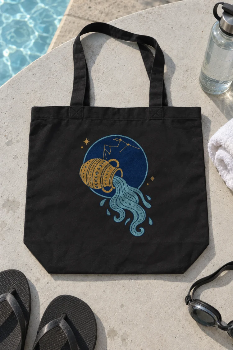 AI-generated image of the Born Under Aquarius Tote in Black on a table with everyday things around it.