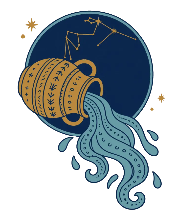 Print artwork: a patterned brown clay jar tipped on its side, pouring a stream of blue water out of a navy circle of night sky with a constellation drawn in it.