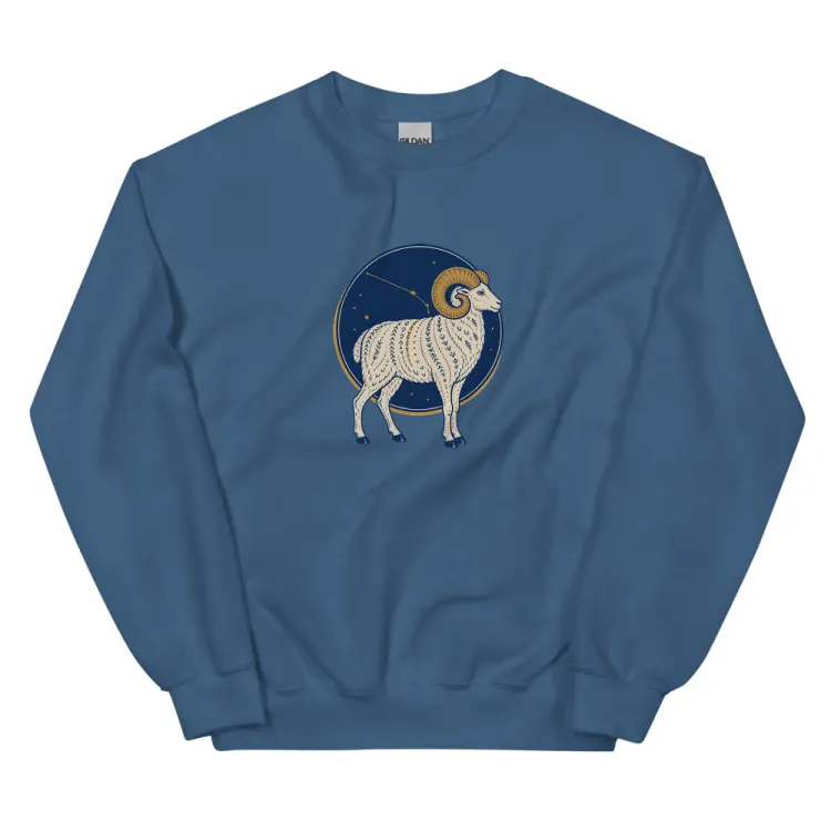 The Born Under Aries Crewneck in Indigo Blue.