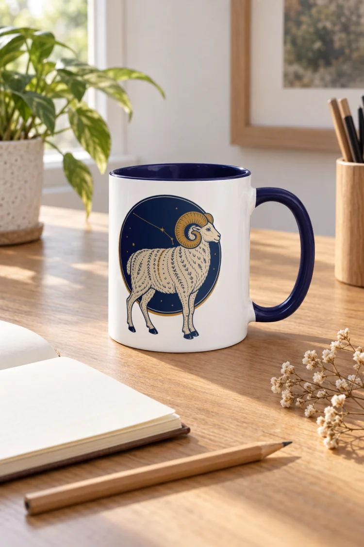 AI-generated image of the Born Under Aries Mug in Dark Blue inside in a styled setting.