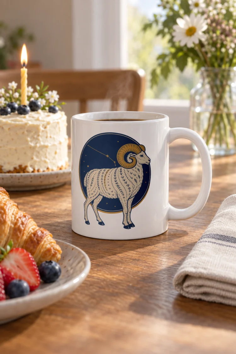 AI-generated image of the Born Under Aries Mug in White in a styled setting.