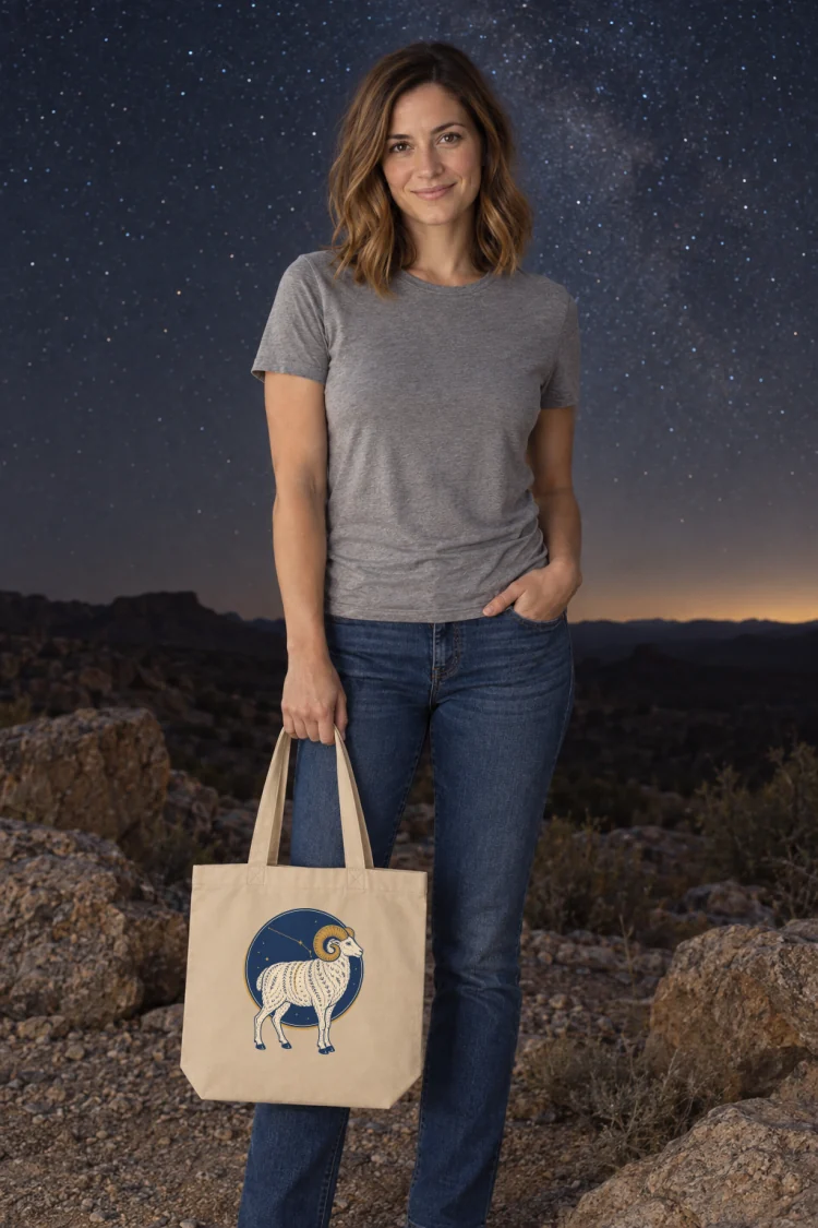 AI-generated image of a fictional model carrying the Born Under Aries Tote in Oyster.