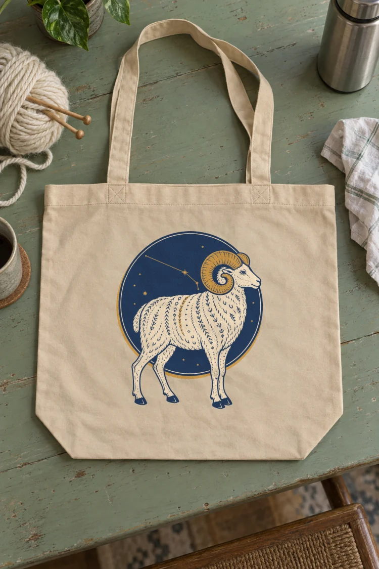 AI-generated image of the Born Under Aries Tote in Oyster on a table with everyday things around it.