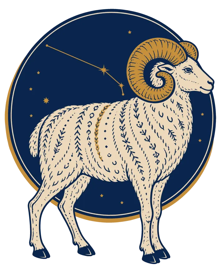 Print artwork: a whole ram standing in side profile, its cream fleece covered in navy folk patterns with a gold stripe down its back and a heavy curled gold horn, in front of a navy circle of night sky with the Aries constellation drawn above its back and small gold stars around it.