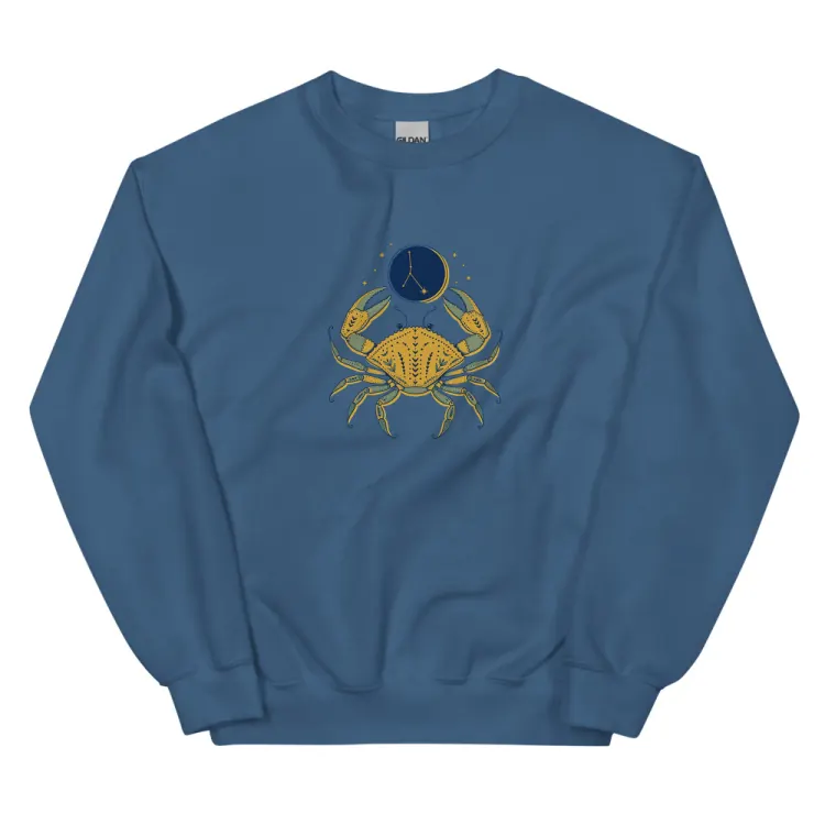 The Born Under Cancer Crewneck in Indigo Blue.
