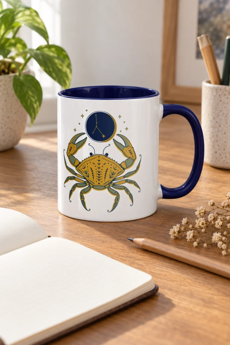 AI-generated image of the Born Under Cancer Mug in Dark Blue inside in a styled setting.