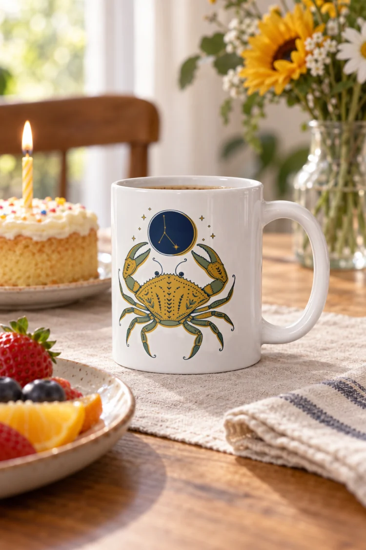 AI-generated image of the Born Under Cancer Mug in White in a styled setting.