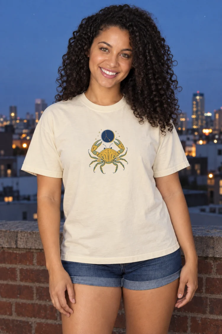 AI-generated image of a fictional model wearing the Born Under Cancer Tee in Ivory, size L, at 5′6″ tall.