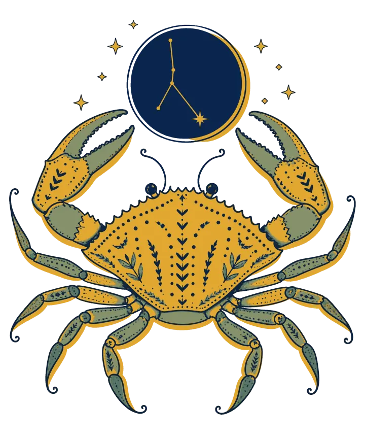 Print artwork: a gold and sage crab seen from above with its claws open and raised, its shell covered in a navy folk pattern, below a small navy circle holding a constellation, with small gold stars.