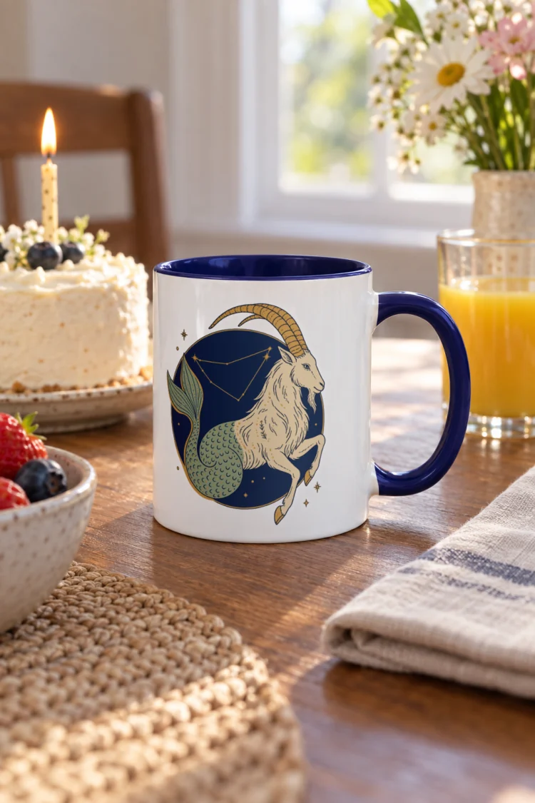 AI-generated image of the Born Under Capricorn Mug in Dark Blue inside in a styled setting.