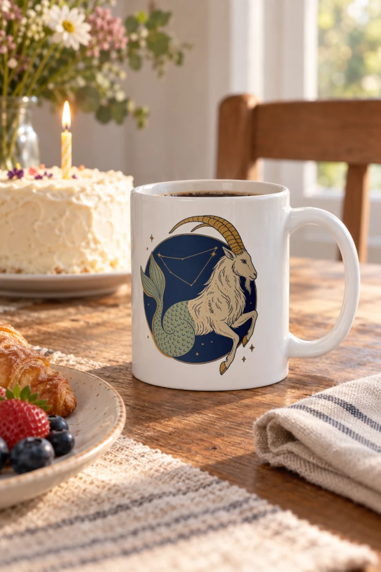 AI-generated image of the Born Under Capricorn Mug in White in a styled setting.