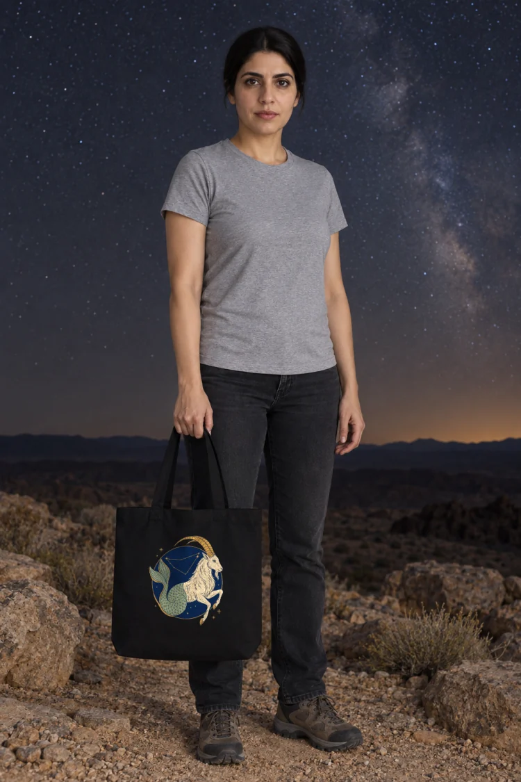 AI-generated image of a fictional model carrying the Born Under Capricorn Tote in Black.