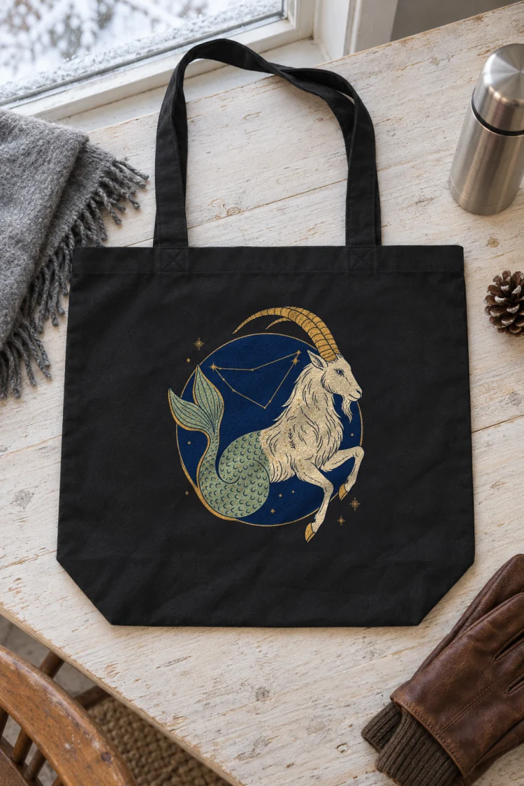 AI-generated image of the Born Under Capricorn Tote in Black on a table with everyday things around it.