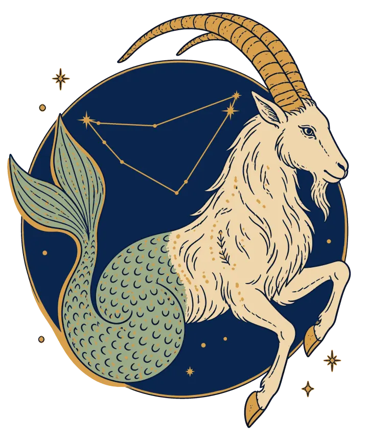 Print artwork: a sea-goat with a cream goat's front, long ridged horns and a sage green scaled fish tail, leaping across a navy circle of night sky with a constellation drawn in it.