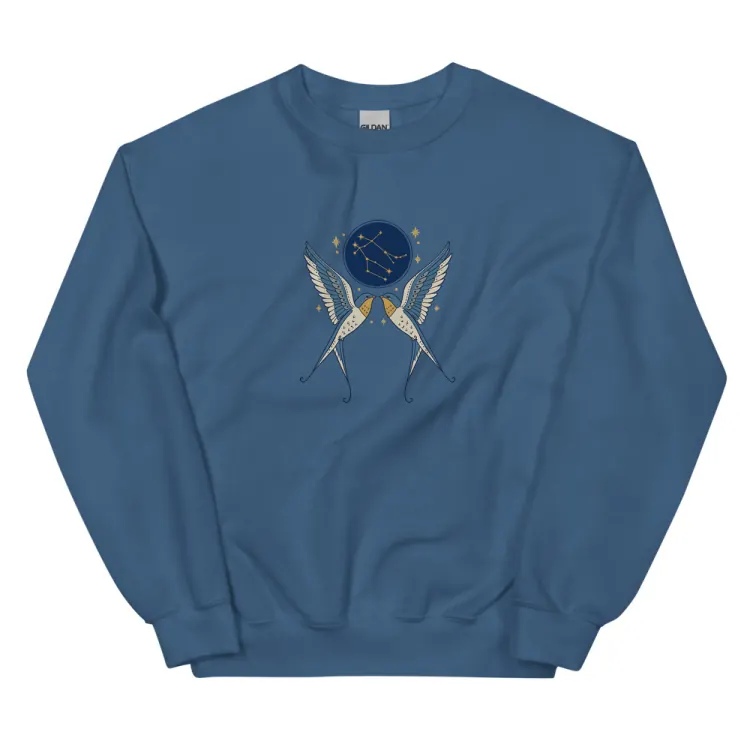 The Born Under Gemini Crewneck in Indigo Blue.
