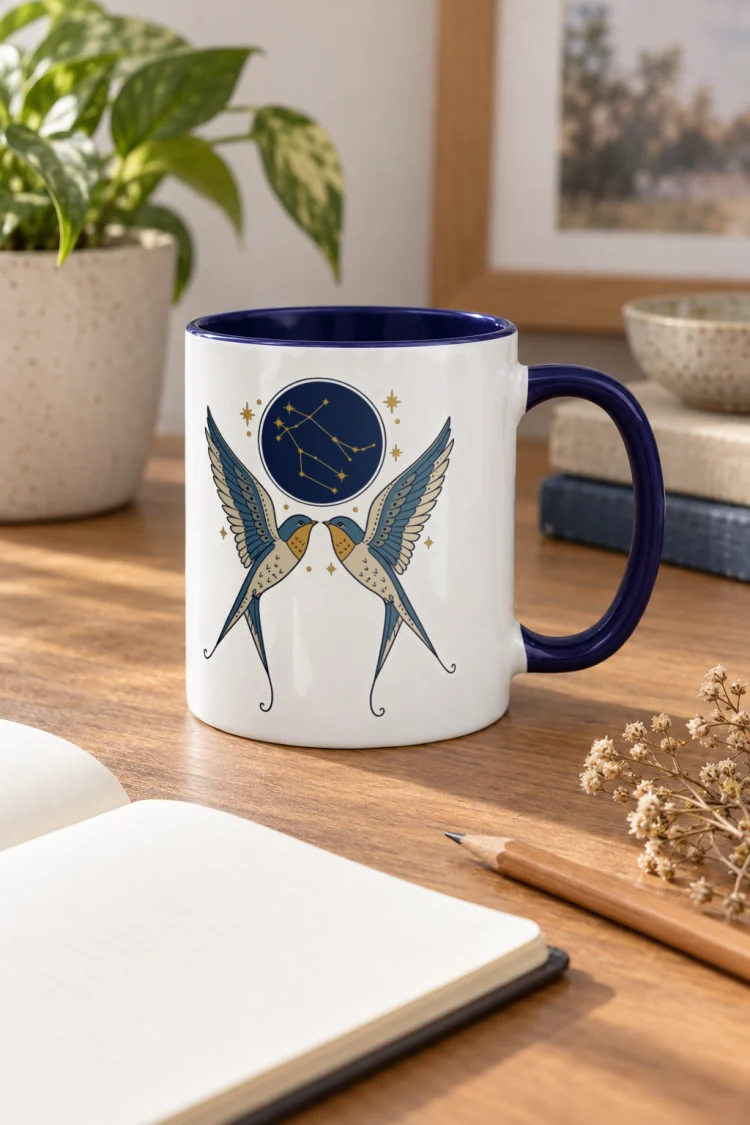 AI-generated image of the Born Under Gemini Mug in Dark Blue inside in a styled setting.