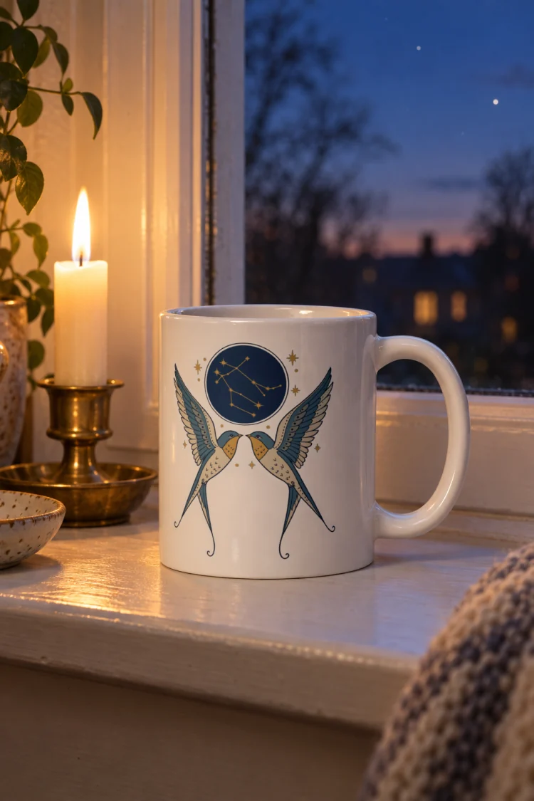AI-generated image of the Born Under Gemini Mug in White in a styled setting.