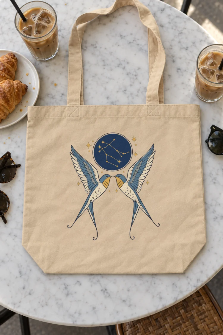 AI-generated image of the Born Under Gemini Tote in Oyster on a table with everyday things around it.