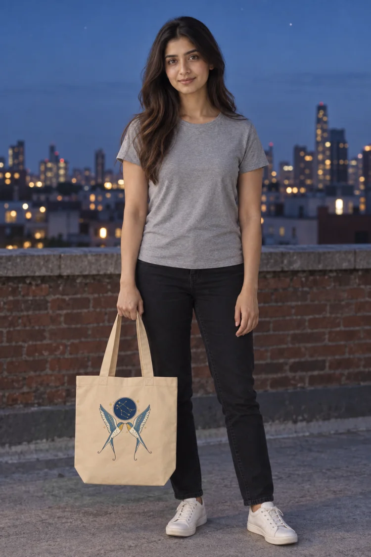 AI-generated image of a fictional model carrying the Born Under Gemini Tote in Oyster.