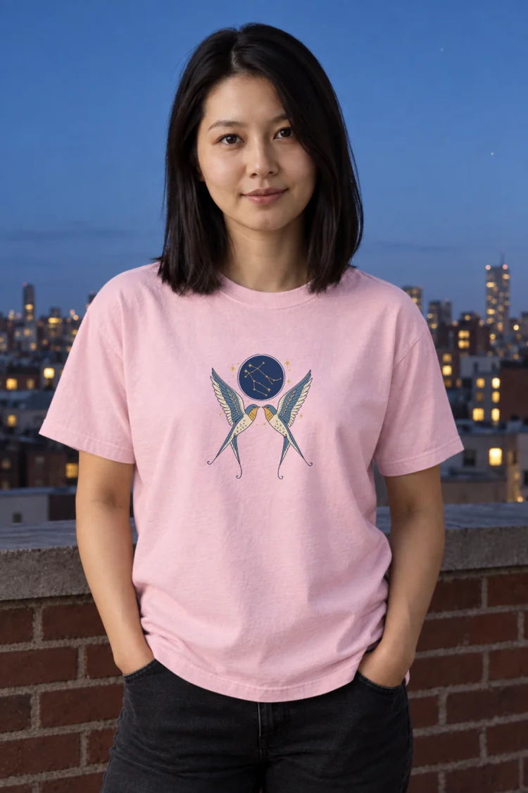 AI-generated image of a fictional model wearing the Born Under Gemini Tee in Blossom, size M, at 5′3″ tall.