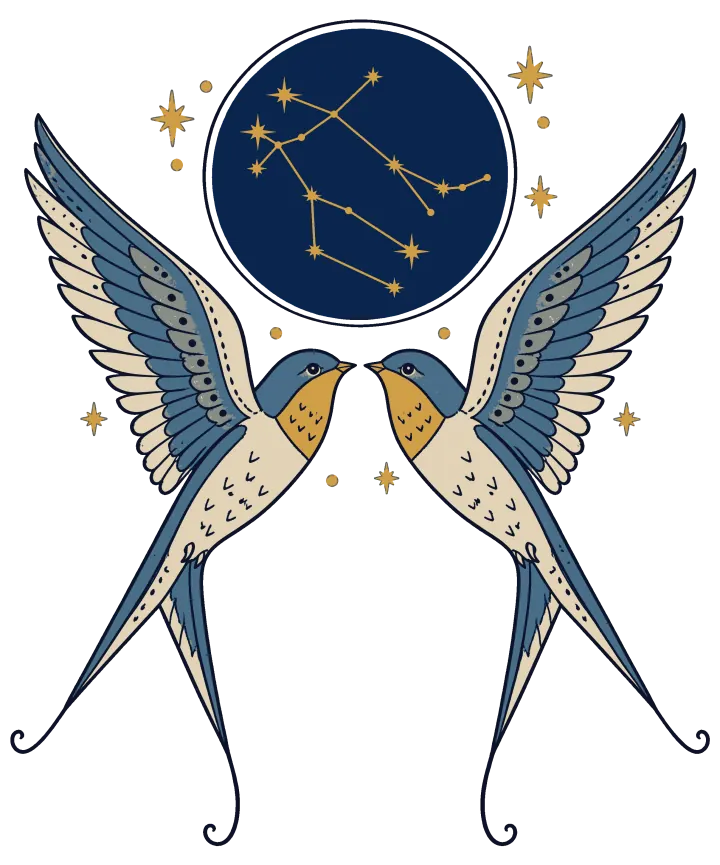 Print artwork: two blue and cream swallows facing each other with wings raised and long forked tails, below a small navy circle holding a constellation, with gold stars around them.