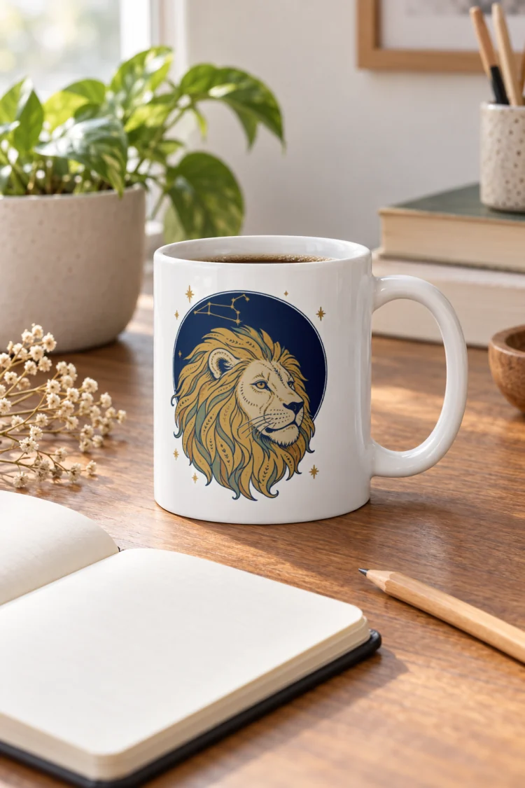 AI-generated image of the Born Under Leo Mug in White in a styled setting.