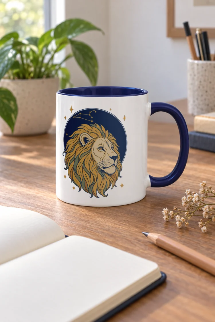 AI-generated image of the Born Under Leo Mug in Dark Blue inside in a styled setting.