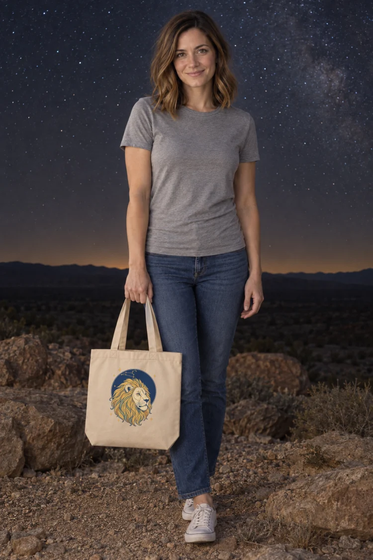 AI-generated image of a fictional model carrying the Born Under Leo Tote in Oyster.