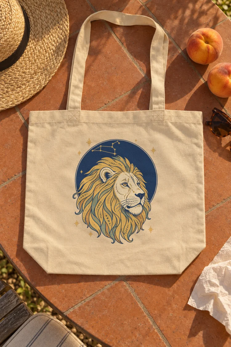 AI-generated image of the Born Under Leo Tote in Oyster on a table with everyday things around it.