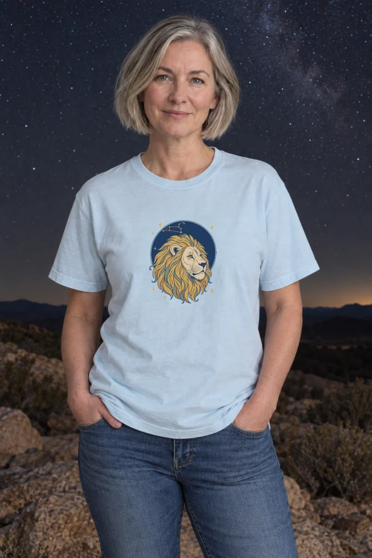 AI-generated image of a fictional model wearing the Born Under Leo Tee in Chambray, size M, at 5′5″ tall.